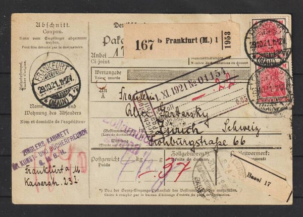 MiNr. 153 (4x) 91 (4x), 163 Paketkarte FRANKFURT (M) 29.10.21   (s24185)