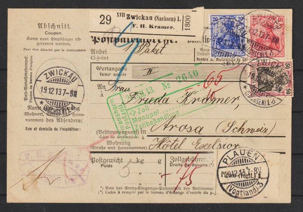 MiNr. 86 I, 87 I, 91 I auf Paketkarte ZWICKAU 19.12.13  (s24186)