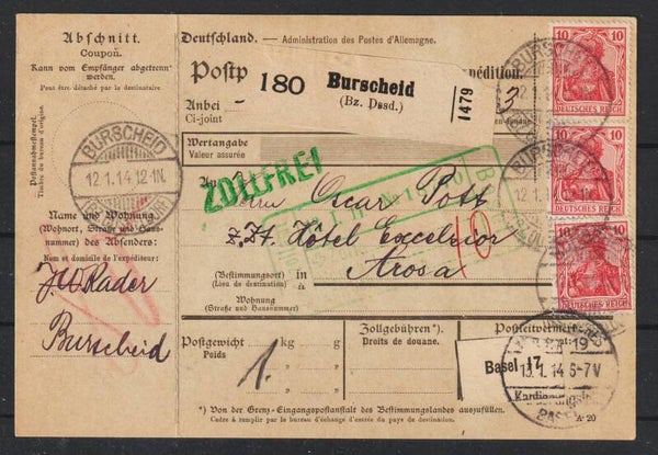 MiNr. 86 I (8x) auf Paketkarte BURSCHEID 12.1.14  (s24186)