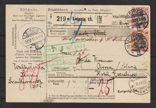 MiNr. 89 I, 91 I auf Paketkarte  LEIPZIG  22.12.13 (s24186)