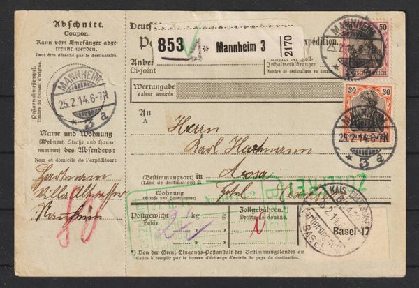 MiNr. 89 I, 91 I auf Paketkarte MANNHEIM  25.2.14 (s24186)