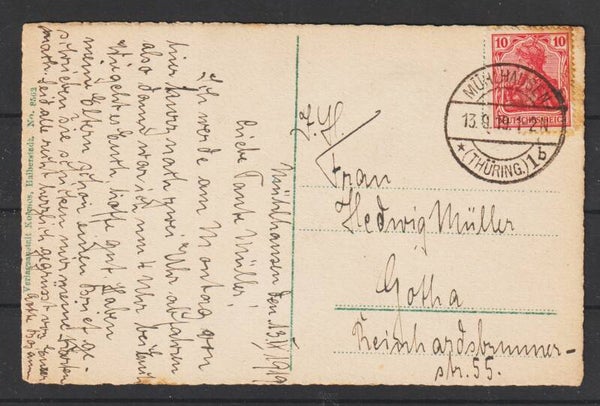 MiNr. 86 auf AK "Mühlhausen i. Th."  MÜHLHAUSEN 13.9.19  (s24189)