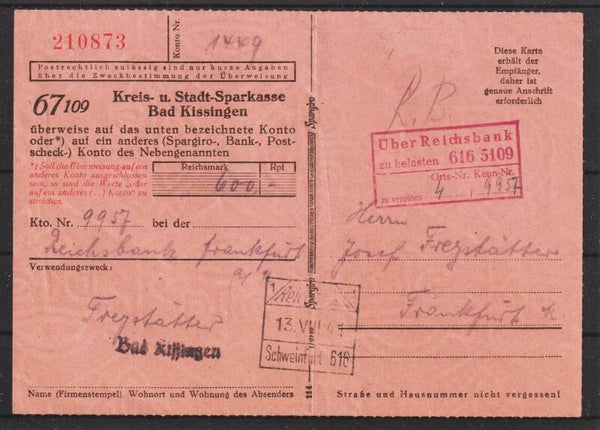 Zahlkarte d. Stadtsparkasse Kissingen 13.VIII.41  (s24189)