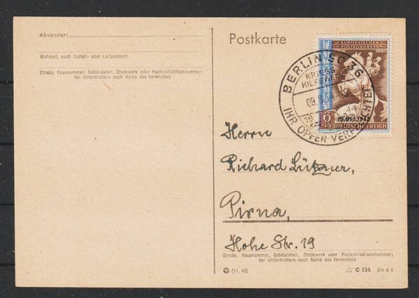 MiNr. 824 EF auf Postkarte BERLIN  9.8.44  (s24191)