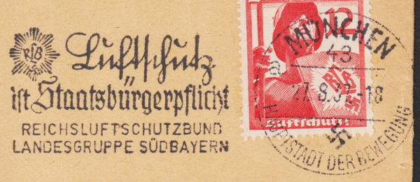MiNr. 645 auf Brief  MÜNCHEN 27.8.37, "Luftschutz ist ..."  (s24193)