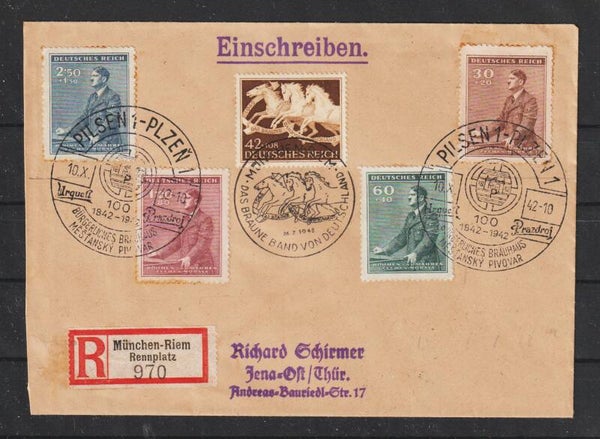 MiNr. 815 auf R-Brief MÜNCHEN 26.7.42, B&M MiNr. 85-88 PILSEN 10.X.42    (s24194)