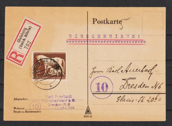 MiNr. 899 auf R-Postkarte GLEISBERG (Kr. DÖBELN) 27.10.44   (s24194)