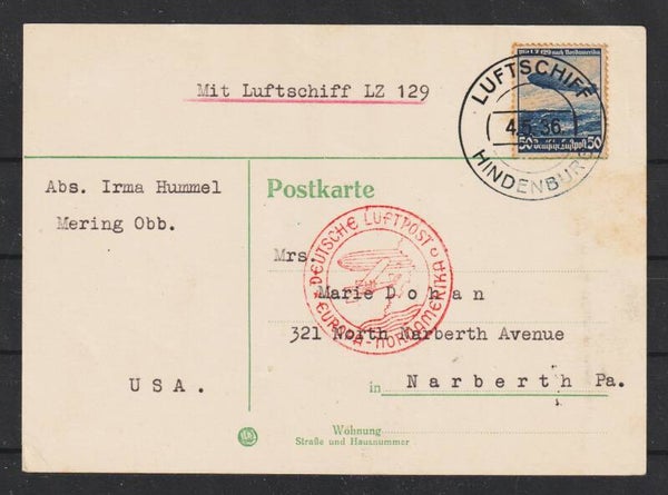 Postkarte LUFTSCHIFF LZ 129 von Mering nach Narberth (s24195)