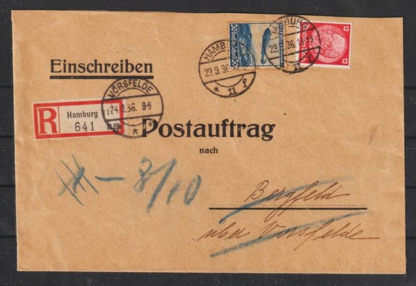 MiNr. 606 auf Brief, Postauftrag, HAMBURG 23.6.36  (s24195)