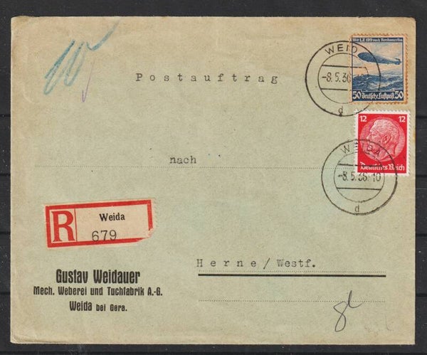 MiNr. 606 auf Brief, Postauftrag, WEIDA 8.5.36  (s24195)