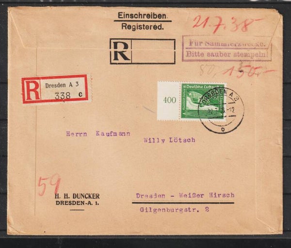 MiNr. 670 EF auf R-Brief  DRESDEN  22.7.38    (s24196)