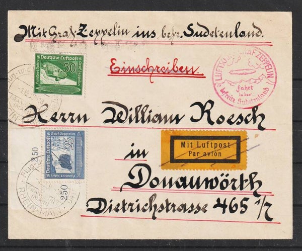 MiNr. 699 Bogenecke, 670 auf Luftpost Zeppelin Brief 1.12.38  (s24196)