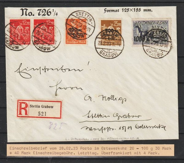 MiNr. 258, 259, 260 auf R-Brief STETTIN GRABOW 28.2.23, Letzttag PP 12 (s24197)