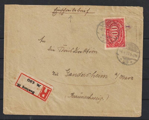 MiNr. 220 auf R-Brief  HAMBURG 29  4.4.23, geprüft  (s24198)