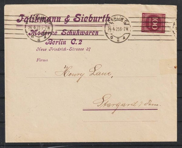 MiNr. 268 a auf Brief "Falikmann & Sieburth Schuhwaren" BERLIN 24.4.23  (s24198)