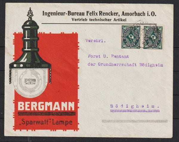 MiNr. 209 (2x) auf Brief "Bergmann Sparwatt-Lampe" AMORBACH  (s24199)