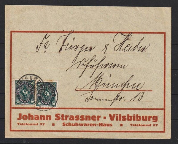 MiNr. 209 (2x) auf Brief "Johann Strassner Schuhwaren" VILSBIBURG 2.APR.23 (s24199)