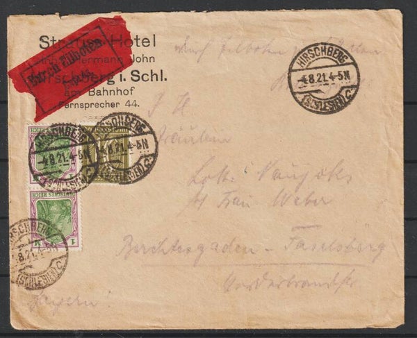 MiNr. 150 (2x), 159 Brief "Strauss-Hotel" HIRSCHBERG (SCHLESIEN) 4.8.21    (s24200)