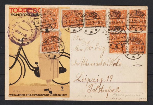 MiNr. 227 (8x) auf Postkarte "TORPEDO Fahrräder" WILSTER 12.3.23, geprüft    (s24200)