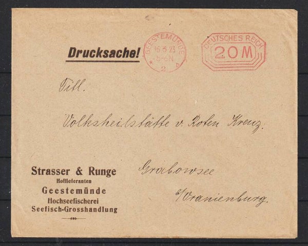 20 Mark Freistempel Drucksache “Strasser & Runge Hochseefischerei ..." GEESTERMÜNDE 16.3.23   (s24200)
