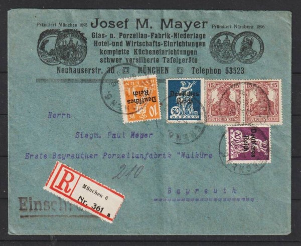 R-Brief "Josef M. Mayer Glas- u. Porzellan-Fabrik"  MÜNCHEN  1.OKT.20      (s26001)