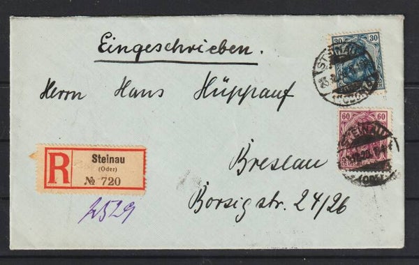 MiNr. 144, 147 auf R-Brief  STEINAU (ODER) 23.12.20    (s26002)