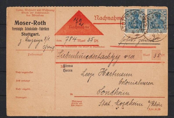 MiNr. 144 (2x) auf Nachnahme Karte STUTTGART 25.JAN.21  (s26002)