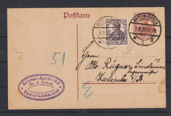 Ganzsache P 116 mit ZuF,  BADEN-BADEN 1.9.20  (s26002)