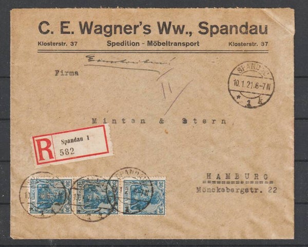 MiNr. 144 (3x) auf R-Brief  SPANDAU 10.1.21    (s26003)