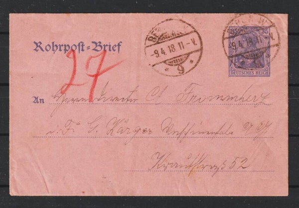 Rohrpost Umschlag RU 8  BERLIN  9.4.18  (s26003)