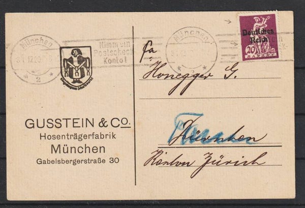 MiNr. 122 EF auf Drucksache MÜNCHEN 31.12.20 in die Schweiz (s26004)