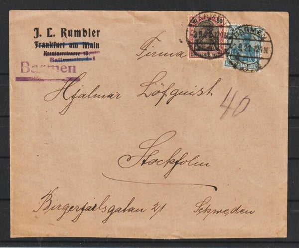 MiNr. 91, 144 auf Brief  BERMEN 2.5.21 nach Schweden (s26005)