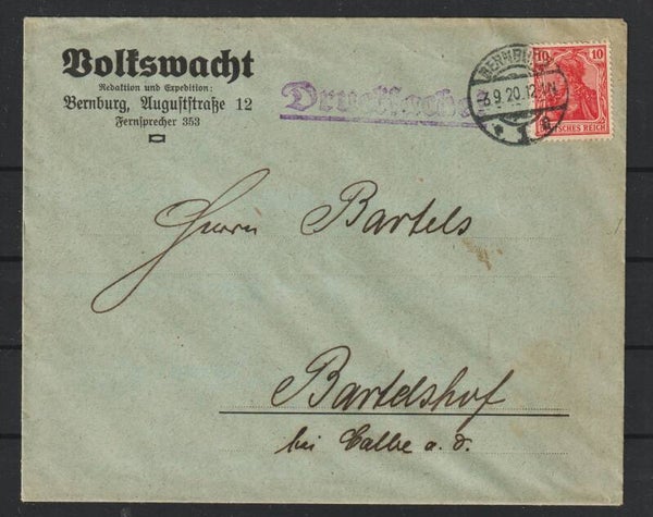 MiNr. 86 EF auf Drucksache "Volkswacht" BERNBURG 6.9.20  (s26006)