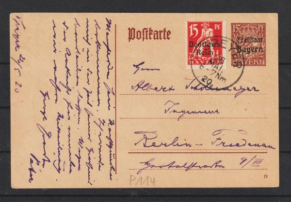 Bayern Ganzsache P 114 mit ZuF DR  SPEYER 26.MAI.20  (s26006)