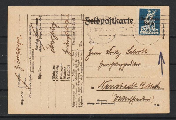 MiNr. 123 I auf Feldpostkarte  WÜRZBÜRG 19.VIII.20  (s26007)