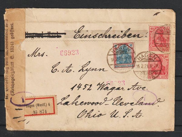 MiNr. 145, 152 auf R-Brief HAGEN  16.2.21 nach Ohio / USA, zensiert  (s26007)