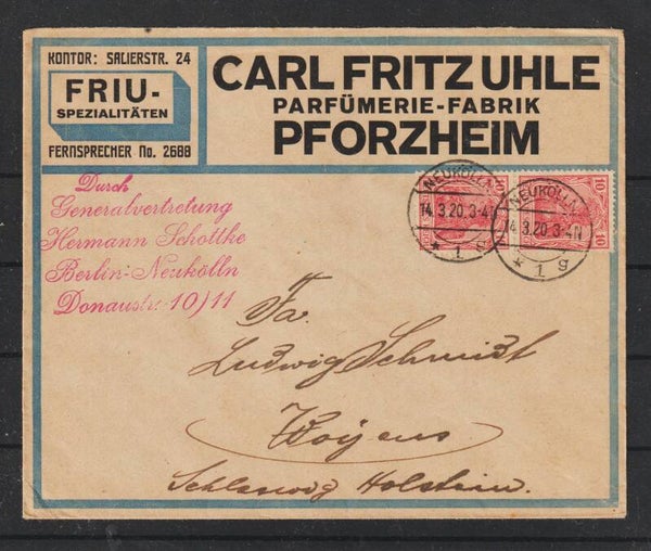 "Carl Fritz Uhle Pafümerie-Fabrik Pfortzheim" NEUKÖLN 14.3.20 (s26009)