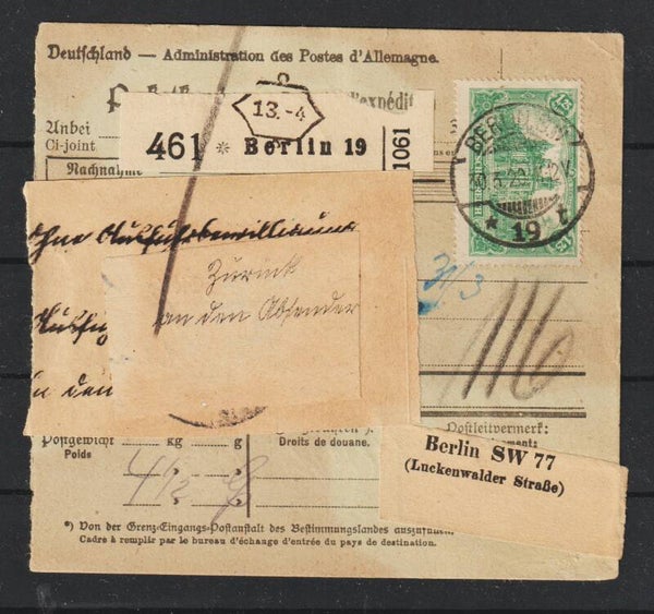 MiNr. 113 auf Paketkarte BERLIN 30.3.20  (s26010)