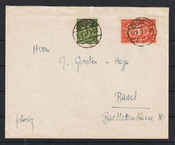 MiNr. 187 a, 194 b auf Brief POTSDAM 17.9.20 nach Basel / Schweiz, geprüft   (s26011)
