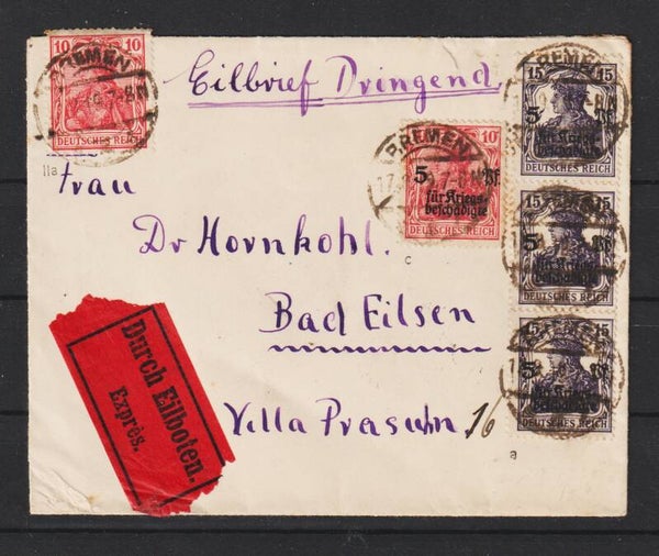 MiNr. 105 c, 106 a, 86 IIa auf Eilboten Brief TBREMEN  17.9.19, geprüft   (s26012)