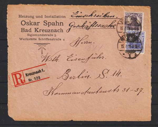 MiNr. 87, 101 auf R-Brief "Oskar Spahn, Heizung u. Inst…" KREUZNACH 15.7.19   (s26012)