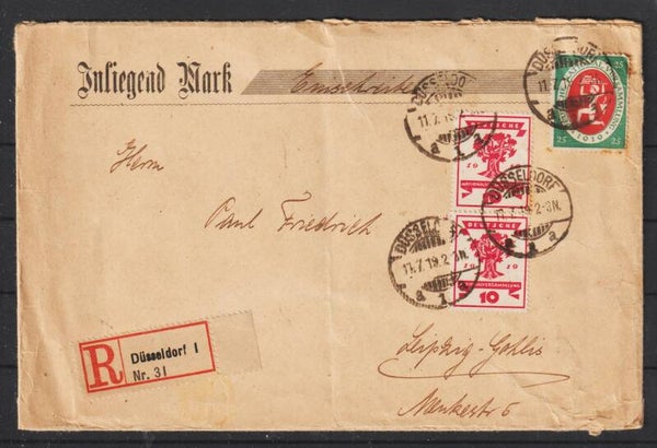 MiNr. 109, 107 auf Wert- R-Brief  DÜSSELDORF 11.7.19 (s26013)