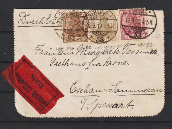 MiNr. 83, 84, 92 auf Eilboten Kartenbrief BERLIN 12.9.19   (s26013)