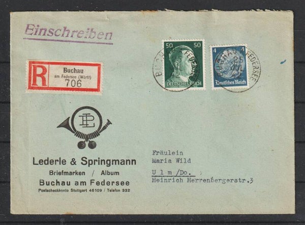MiNr. 796, 514 auf R-Brief "Lederle & Springmann" BUCHAU 25.JUL.42  (s26017)