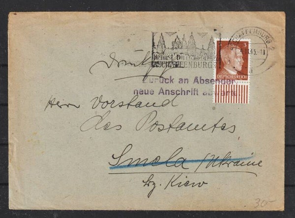 Drucksache, ASCHAFFENBURG 4.11.43 nach Smila, Bz. Kiew, Ukraine  (s26018)