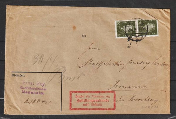 MiNr. 417 MeF auf Brief  mit Zustellurkunde MANNHEIM 29.4.29  (s26019)