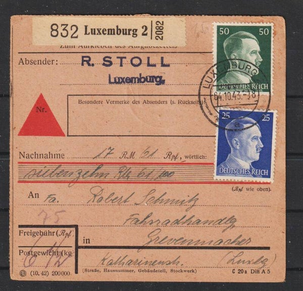 Nachnahme Paketkarte Luxemburg 4.10.43  (s26022)