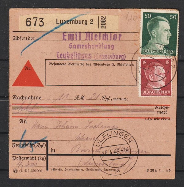 Nachnahme Paketkarte Luxemburg 15.4.43  (s26022)