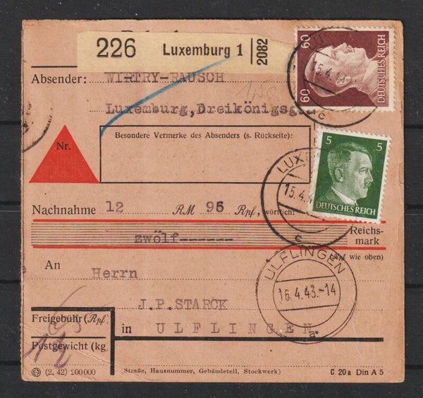 Nachnahme Paketkarte Luxemburg 15.4.43  (s26022)