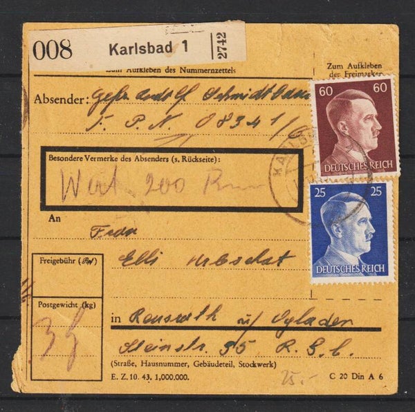 Paketkarte KARLSBAD 14.10.43  (s26022)